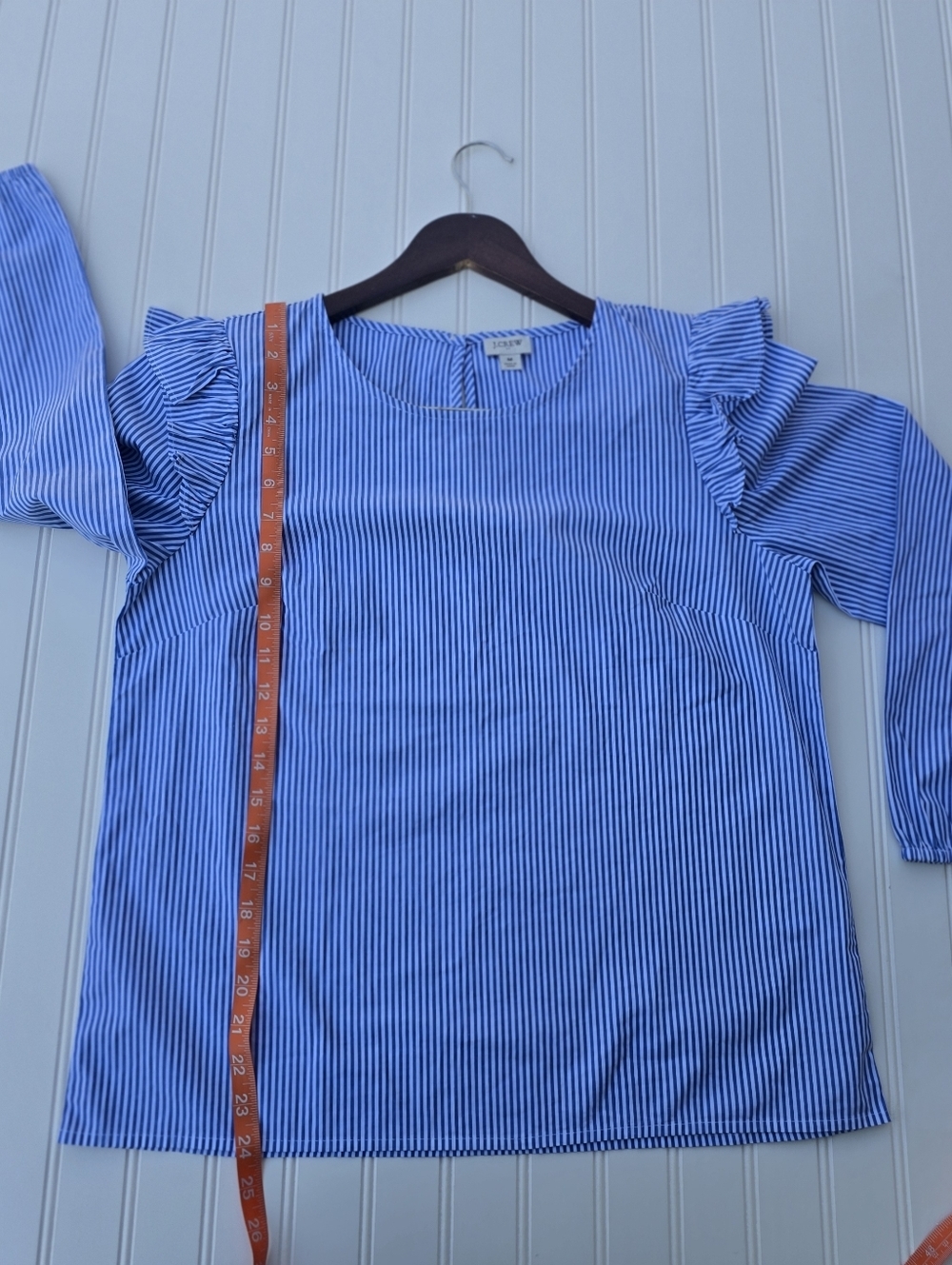 J. Crew Blue & White Striped Ruffle Shoulder Long Sleeve Blouse - Size M - Picture 12 of 12